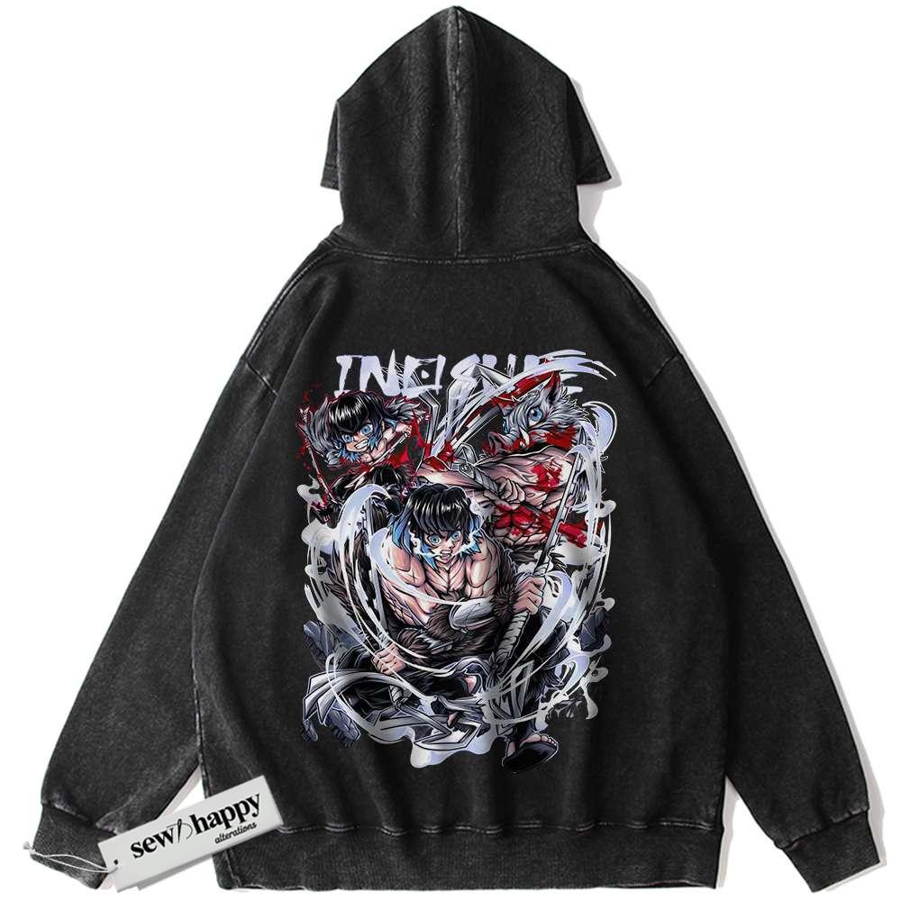 Wash Hoodie Inosuke Hashibira Hoodie, Demon Slayer Hoodie, Anime Hoodie, Vintage Hoodie