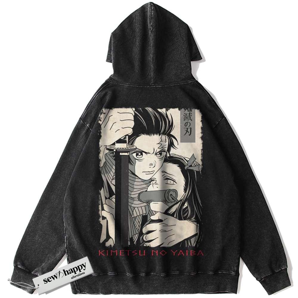 Wash Hoodie Tanjiro and Nezuko Hoodie, Demon Slayer Hoodie, Anime Hoodie, Vintage Hoodie